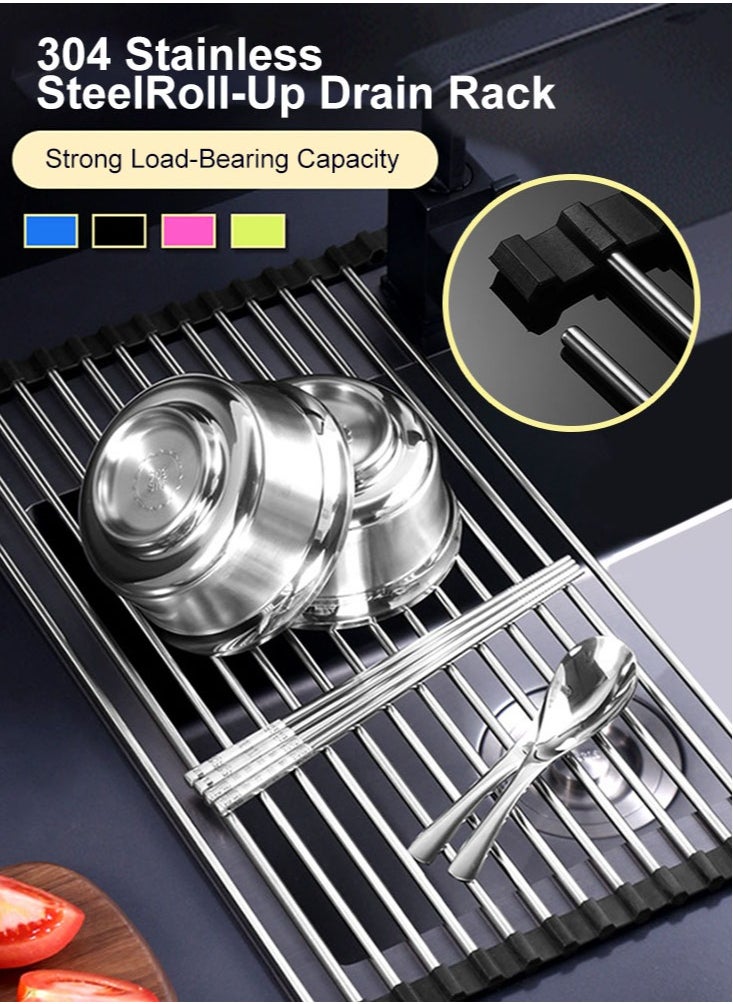 Perfii 2pcs Large Roll Up Dish Drying Rack, Multipurpose Stainless Steel Kitchen Drainer Rack Over Sink  - Image 4