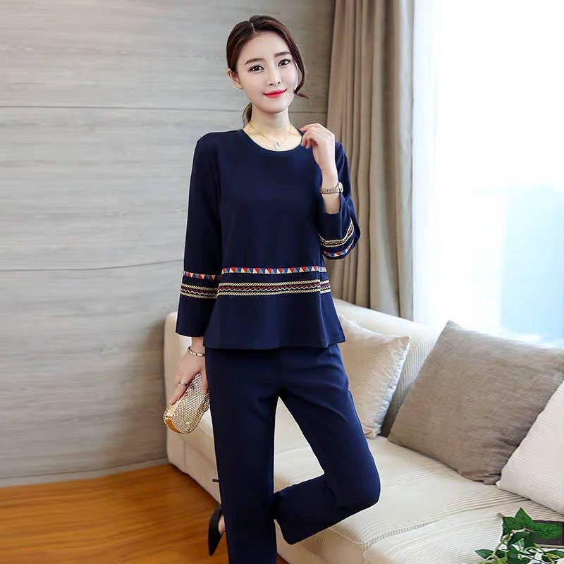 New 2023 Korean style casual sweater pants two-piece long sleeve printed solid color fashion suit womens foreign trade Navy blue - Image 1