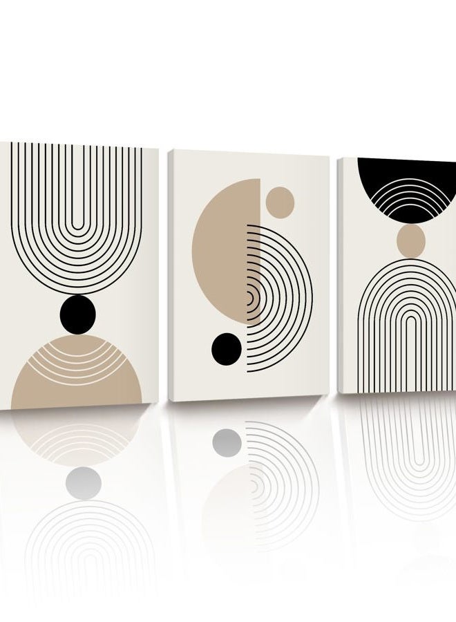 HesenDot Abstract Geometric Wall Art Set of 3, 30x40CM Minimalist Line Framed Canvas Prints, Boho Modern Neutral Beige Black Shapes Wall Decor for Living Room Bedroom Bathroom Office Home - Image 1