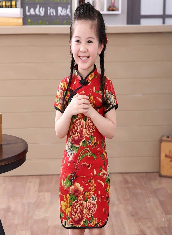 SZCQ Foral Baby Girls Dress New Year Qipao Vintage Chinese Cheongsam Princess Costume (Red, 12) - Image 3