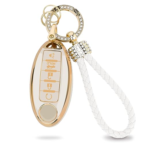 OLLEN Soft TPU Key Fob Cover Fit for Nissan Altima Sentra Maxima Murano Rogue Armada Pathfinder Key Case with Bling Keychain 5 Buttons White