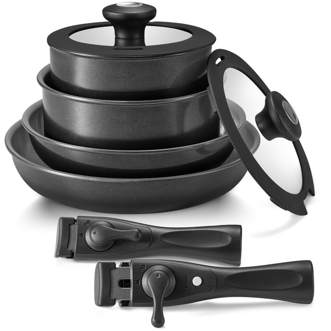 INDUCTION COOKWARE WITH HEALTHY CERAMIC COATING CAMPING POTS AND PANS SET NONSTICK 10PCS WITH DETACHABLE HANDLES INDUCTION RV KITCHEN SET WITH REMOVABLE HANDLES OVEN SAFE