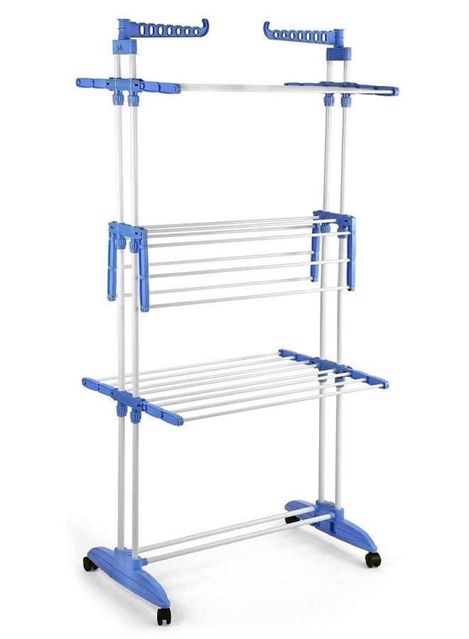 CATANES Stainless Steel Foldable Clothes Drying Rack 4-tier Clothes Airer with Caster Lockable Wheels and Folding Wings for Indoor and Outdoor Use / Blue Color - Image 3