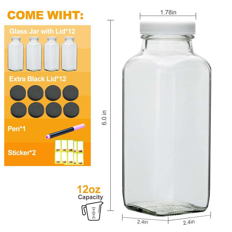 Brajttt Glass Juice Bottles with Lids, 12 OZ Juicing Bottles Reusable Glass, Set of 12 Square Beverage Containers Drinking Jars for Milk,Juice,Tea,Milkshake, Water,Honey,Jam - Image 2