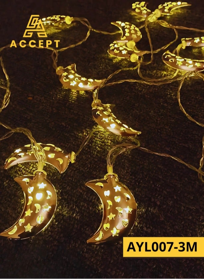 Ramadan decoration, crescent moon shape, with stars and crescent inside, 3 meters long, works on 1.5V battery