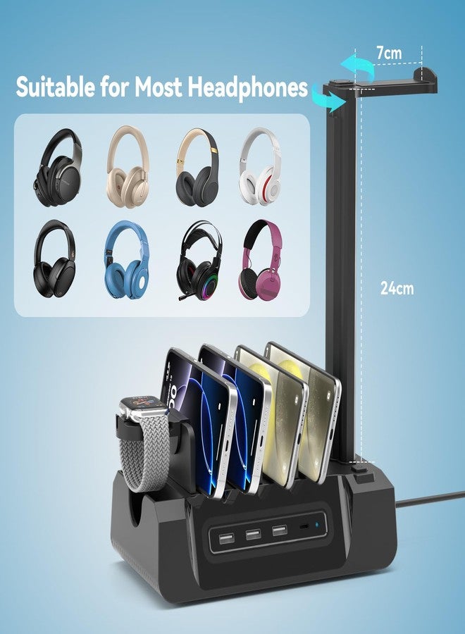 KDD محطة شحن KDD مع 6 كابلات شحن - شحن سريع 6 في 1 قاعدة شحن الهواتف المحمولة مع حامل سماعات الرأس وحامل الساعة - 2 AC&USB A&USB C، محطة تخزين للهواتف الذكية والأجهزة اللوحية وساعة آبل - Image 4