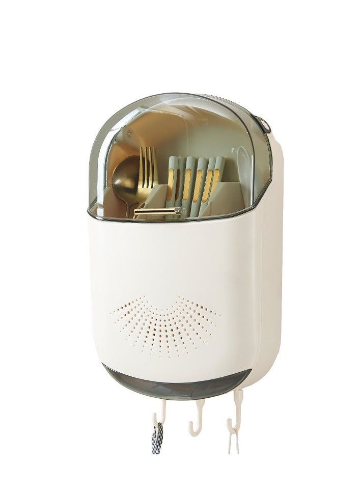 Wall-mounted kitchen utensils rack with lid, multifunctional cage for dust-proof drain stick, 3 compartments, cutlery drying rack - Image 1