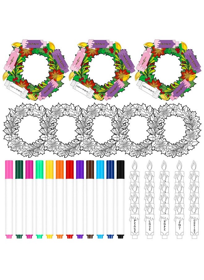 Zhanmai 24 Sets Christmas Advent Wreath Craft Kit For Kid With 12 Colored Markers Color Your Own Advent Wreath Candle Craft Kit With Word Love Joy Christ Peace Hope For Fun Home School Church Activity  - Image 1