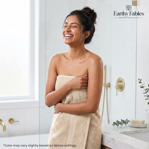 Earthy Fables Premium Bath Towel - 100% Combed Cotton, 600 GSM, Ultra Soft, Quick Dry and Highly Absorbent for Home, Travel and Acne-Prone Skin, 150 x 70 cm, Beige - Image 3