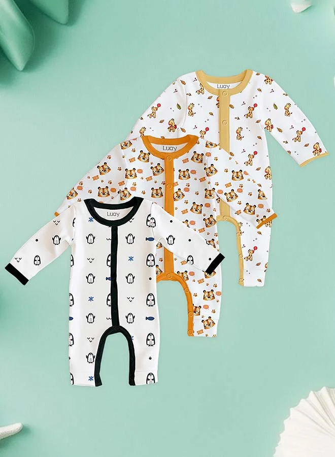 لؤي 100% Cotton Full Sleeves Baby Printed Romper,Sleepsuit for Baby Girls & Boys,_(Pack of 3)