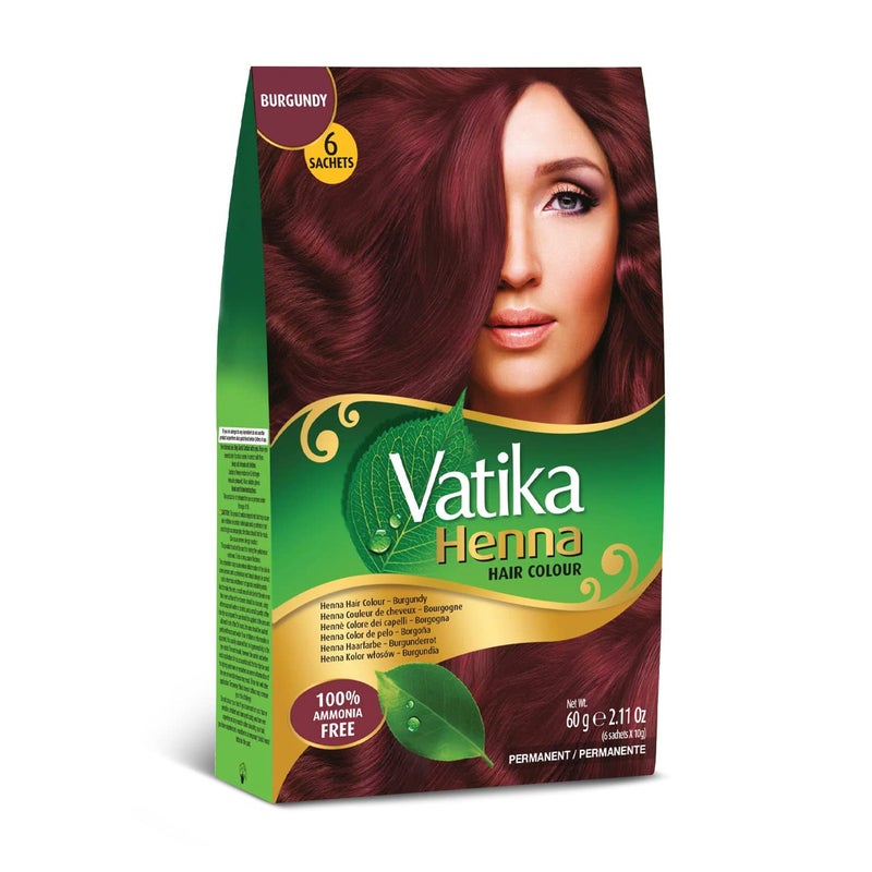 Vatika Naturals فاتكا ناتشورالز - صبغة شعر حناء بورجوندي وبلسم، تغطية 100% للشيب، 6 أكياس (2.11 أونصة لكل منها)، خالية من الأمونيا، شبه دائمة، للشعر العادي، مناسبة للشعر الرمادي - Image 1