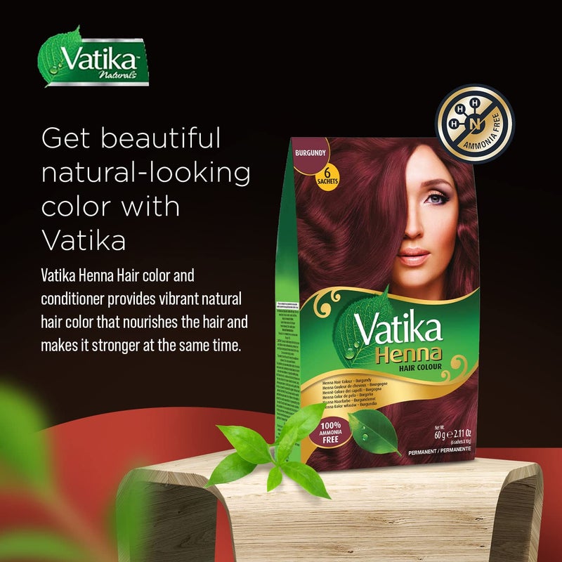 Vatika Naturals فاتكا ناتشورالز - صبغة شعر حناء بورجوندي وبلسم، تغطية 100% للشيب، 6 أكياس (2.11 أونصة لكل منها)، خالية من الأمونيا، شبه دائمة، للشعر العادي، مناسبة للشعر الرمادي - Image 2