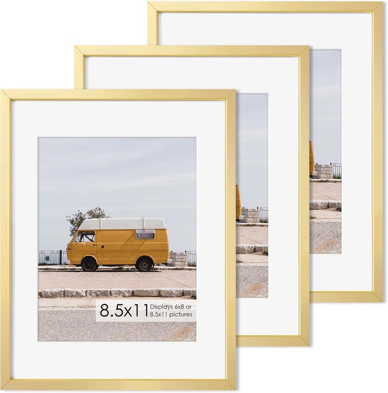 Fun Memories إطار صور معدني 8.5x11 من ذكريات ممتعة - إطارات صور ألومنيوم 8.5x11 مع حشوة 6x8، واجهة بلاكسجلاس عالية الوضوح، وملحقات تعليق - مثالي للعرض على الحائط أو الطاولة (ذهبي، عبوة من 3) - Image 1