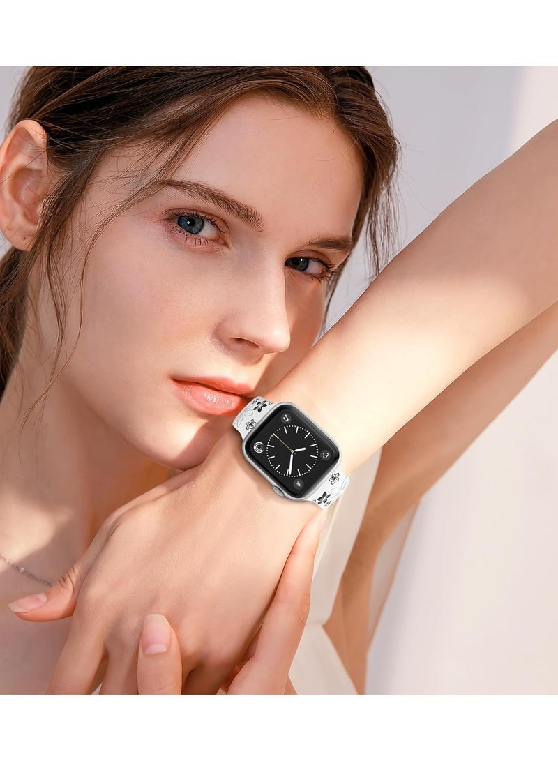 DKNG Flower Strap Compatible Apple Watch Series11 10 Strap 42mm/44mm/45mm/49mm Women's Cute Flower iWatch Strap for iWatch Series SE/Ultra 10 9 8 7 6 5 4 3 2 1 Series11 10 White/Black - Image 4