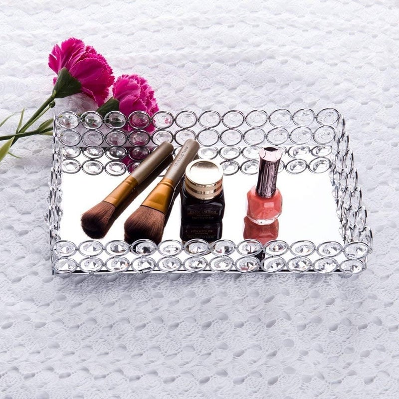 فيارل Feyarl Crystal Perfume Tray Cosmetic Makeup الغرور صينية مجوهرات حلقات حلية الحلقات منظم تخزين صينية ديكور للمنزل Deco زفاف الزفاف Girl Girl Girl (10 "× 6" "الفضة) - Image 3