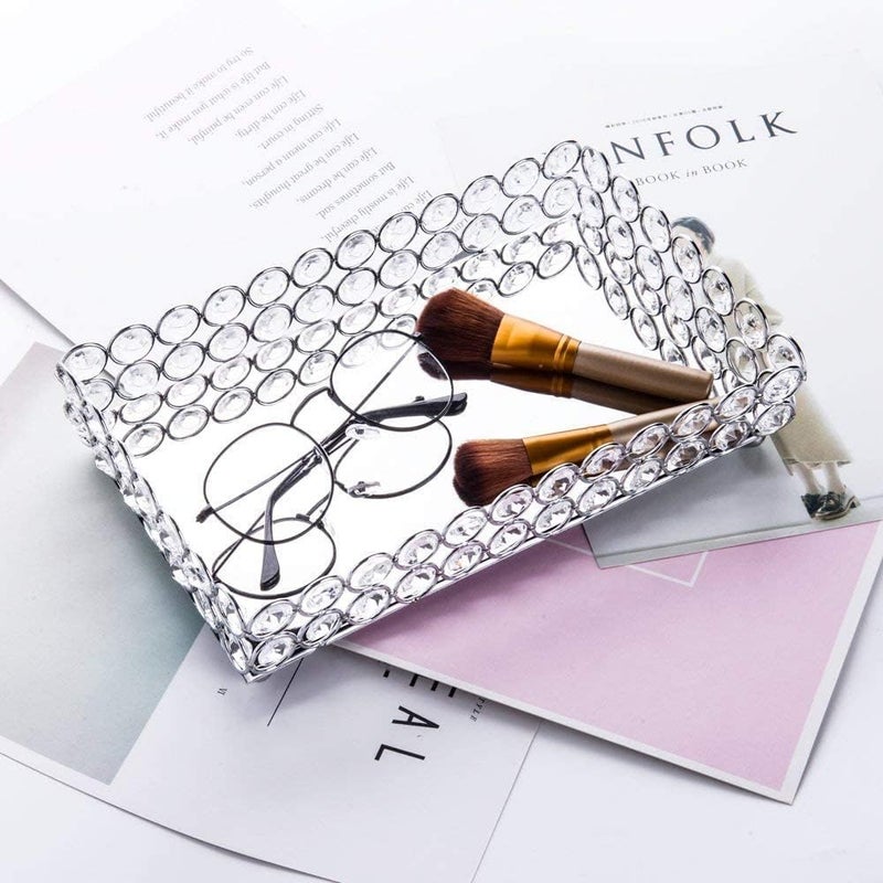 فيارل Feyarl Crystal Perfume Tray Cosmetic Makeup الغرور صينية مجوهرات حلقات حلية الحلقات منظم تخزين صينية ديكور للمنزل Deco زفاف الزفاف Girl Girl Girl (10 "× 6" "الفضة) - Image 5