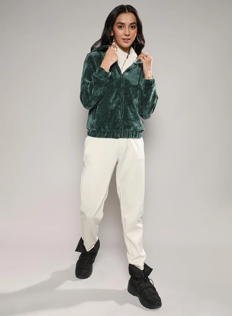 Campus Sutra Women's Forest Green Zip-Front Fleece Hoodie