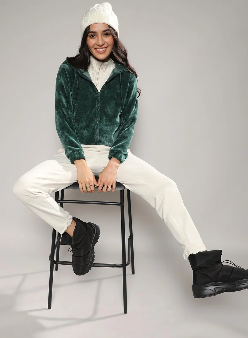 Campus Sutra Women's Forest Green Zip-Front Fleece Hoodie