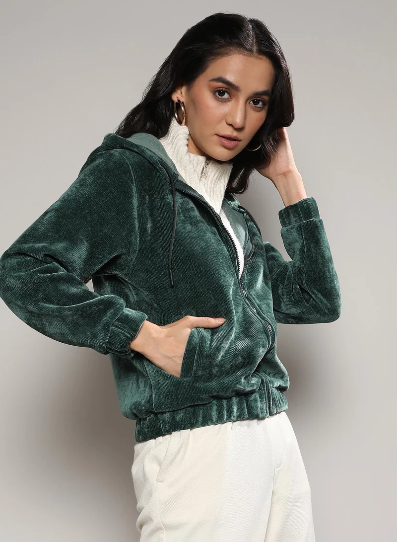 Campus Sutra Women's Forest Green Zip-Front Fleece Hoodie