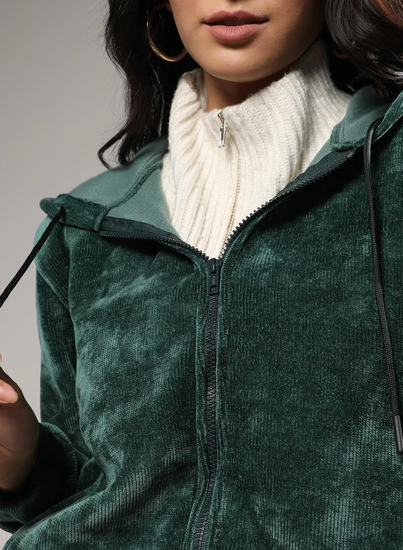 Campus Sutra Women's Forest Green Zip-Front Fleece Hoodie