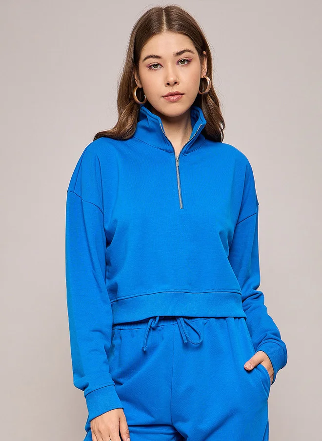 SASSAFRAS Blue Mock Collar Sweatshirt for Women