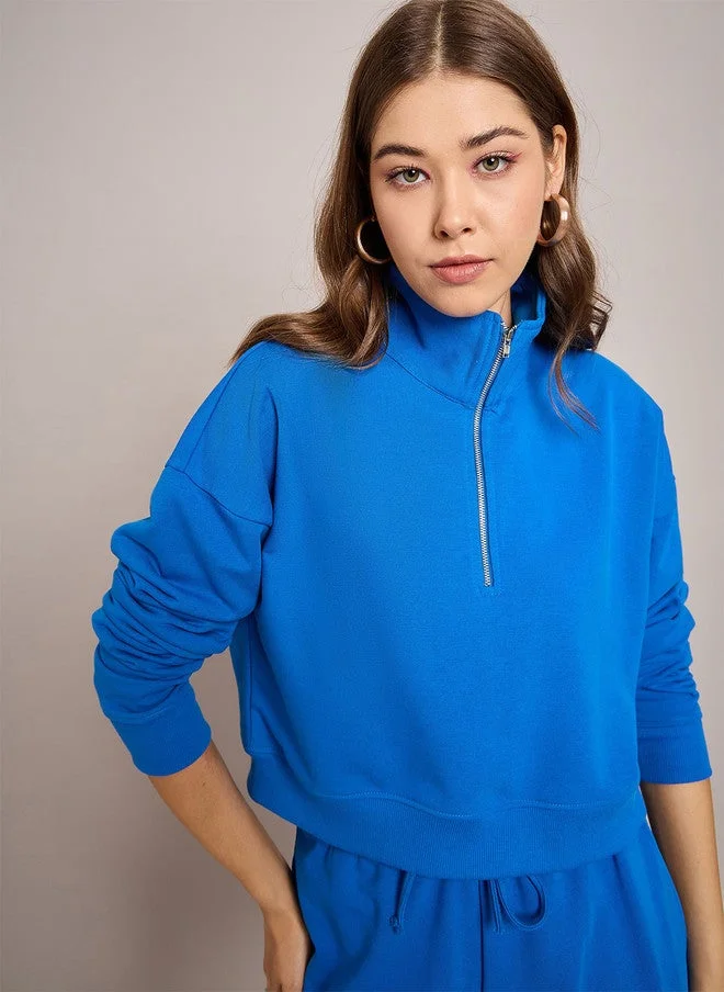 SASSAFRAS Blue Mock Collar Sweatshirt for Women