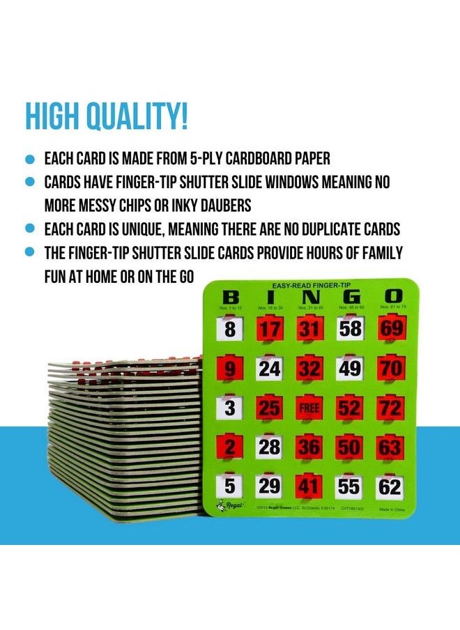 Regal Games - Shutter Slide Bingo Cards Only 8” X 9” 5 Ply Green Cardstock Easy To Read Red Sliding Windows 25 Pack Perfect For Large Groups Bulk Purchasing Non Repeating Set - Image 1