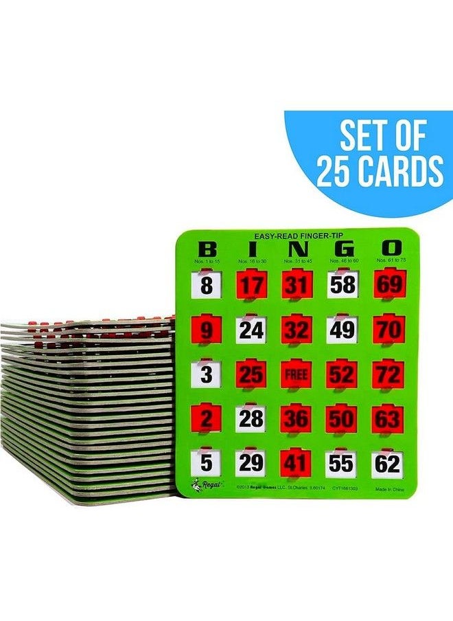 Regal Games - Shutter Slide Bingo Cards Only 8” X 9” 5 Ply Green Cardstock Easy To Read Red Sliding Windows 25 Pack Perfect For Large Groups Bulk Purchasing Non Repeating Set - Image 1