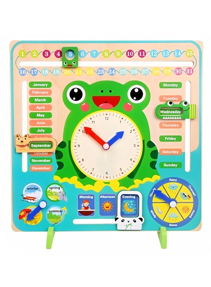 Wooden Learning Calendar Clock Toys Kids, Multifunctional Wooden Frog Design, Teaching Clock Calendar, Weather, Season, Time, Week Telling Preschool Educational Fun Calendar Clock  - Image 1
