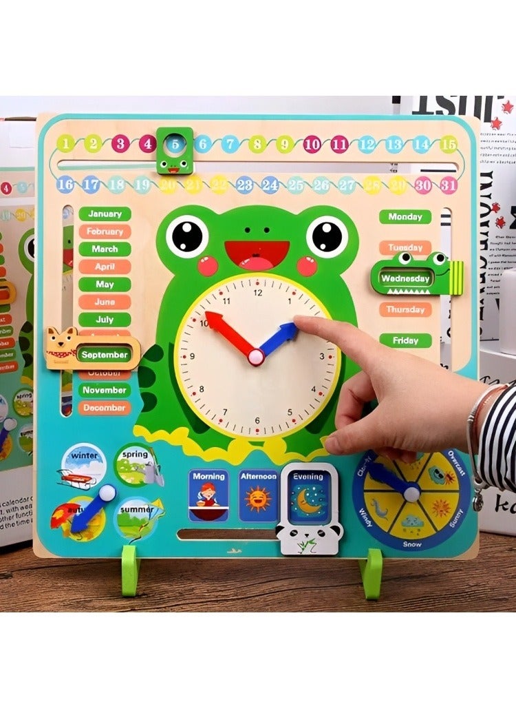 Wooden Learning Calendar Clock Toys Kids, Multifunctional Wooden Frog Design, Teaching Clock Calendar, Weather, Season, Time, Week Telling Preschool Educational Fun Calendar Clock  - Image 2