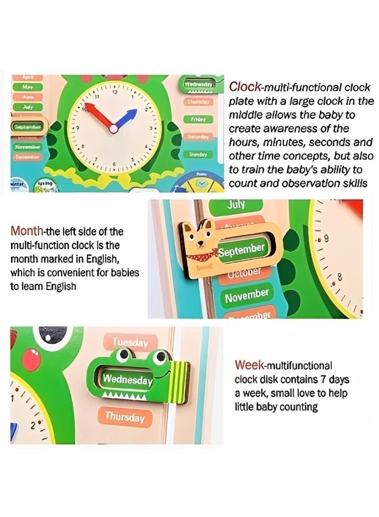 Wooden Learning Calendar Clock Toys Kids, Multifunctional Wooden Frog Design, Teaching Clock Calendar, Weather, Season, Time, Week Telling Preschool Educational Fun Calendar Clock  - Image 5