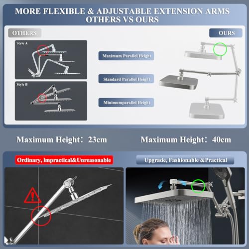 Jcrob High Pressure Wide Rain Shower Head with Handheld Spray Combo, 14 Inch Rainfall Shower Heads with Adjustable Extention Arm, Dual Waterfall Showerhead with 3-Way Diverter(Brushed Nickel) - Image 4