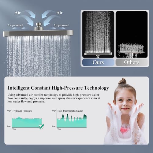 Jcrob High Pressure Wide Rain Shower Head with Handheld Spray Combo, 14 Inch Rainfall Shower Heads with Adjustable Extention Arm, Dual Waterfall Showerhead with 3-Way Diverter(Brushed Nickel) - Image 3