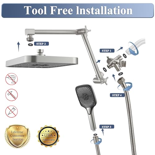 Jcrob High Pressure Wide Rain Shower Head with Handheld Spray Combo, 14 Inch Rainfall Shower Heads with Adjustable Extention Arm, Dual Waterfall Showerhead with 3-Way Diverter(Brushed Nickel) - Image 2