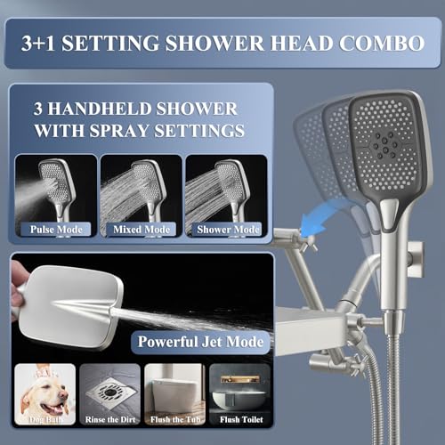 Jcrob High Pressure Wide Rain Shower Head with Handheld Spray Combo, 14 Inch Rainfall Shower Heads with Adjustable Extention Arm, Dual Waterfall Showerhead with 3-Way Diverter(Brushed Nickel) - Image 5
