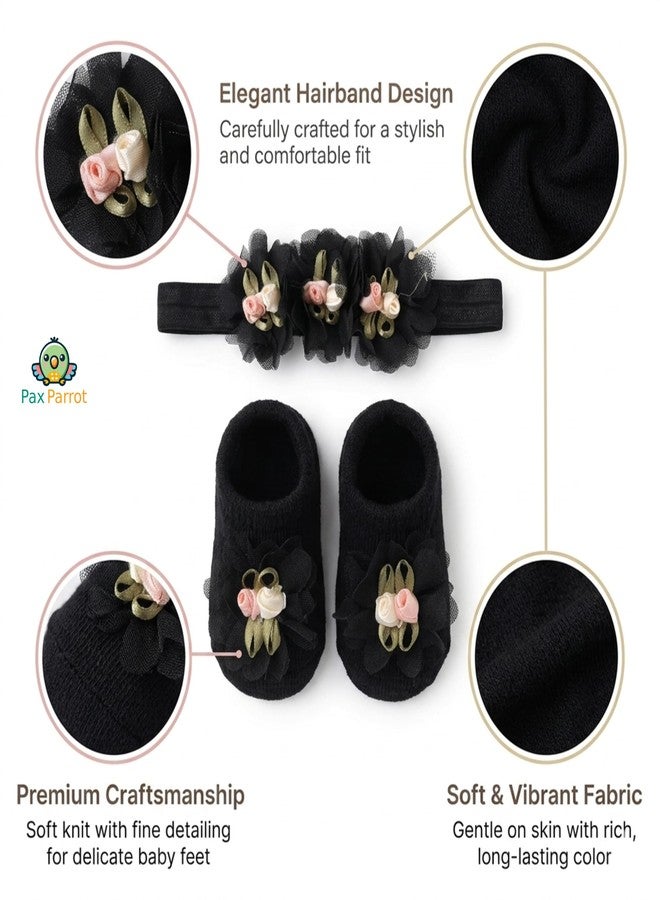 PAX PARROT Newborn Baby Girl Gift Set – Soft Floral Booties with Matching Hair Band, Comfortable Infant Wear for 0–12 Months (1 Pair Shoes & 1 Headband) Black - Image 5