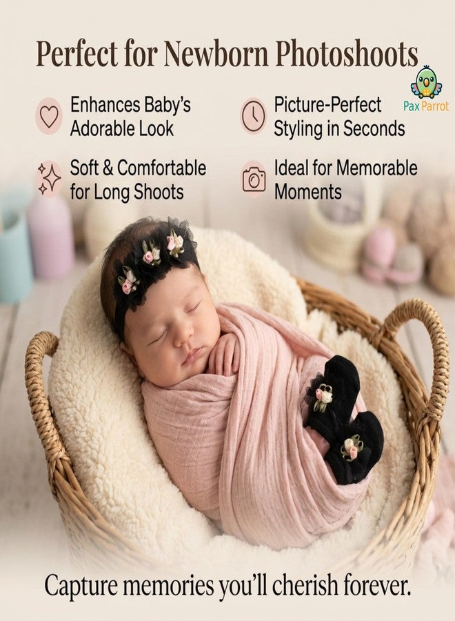 PAX PARROT Newborn Baby Girl Gift Set – Soft Floral Booties with Matching Hair Band, Comfortable Infant Wear for 0–12 Months (1 Pair Shoes & 1 Headband) Black - Image 3