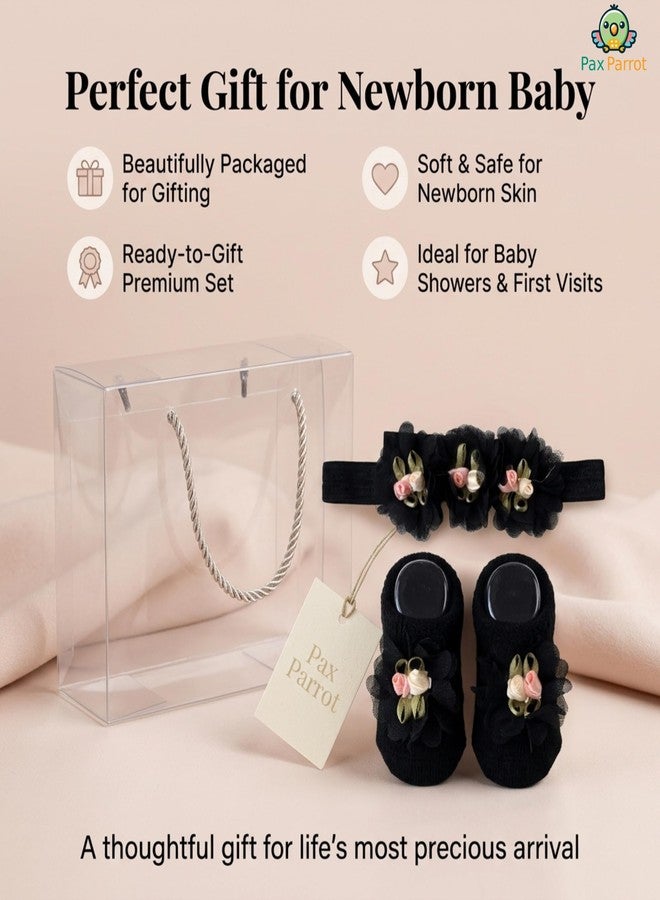 PAX PARROT Newborn Baby Girl Gift Set – Soft Floral Booties with Matching Hair Band, Comfortable Infant Wear for 0–12 Months (1 Pair Shoes & 1 Headband) Black - Image 2