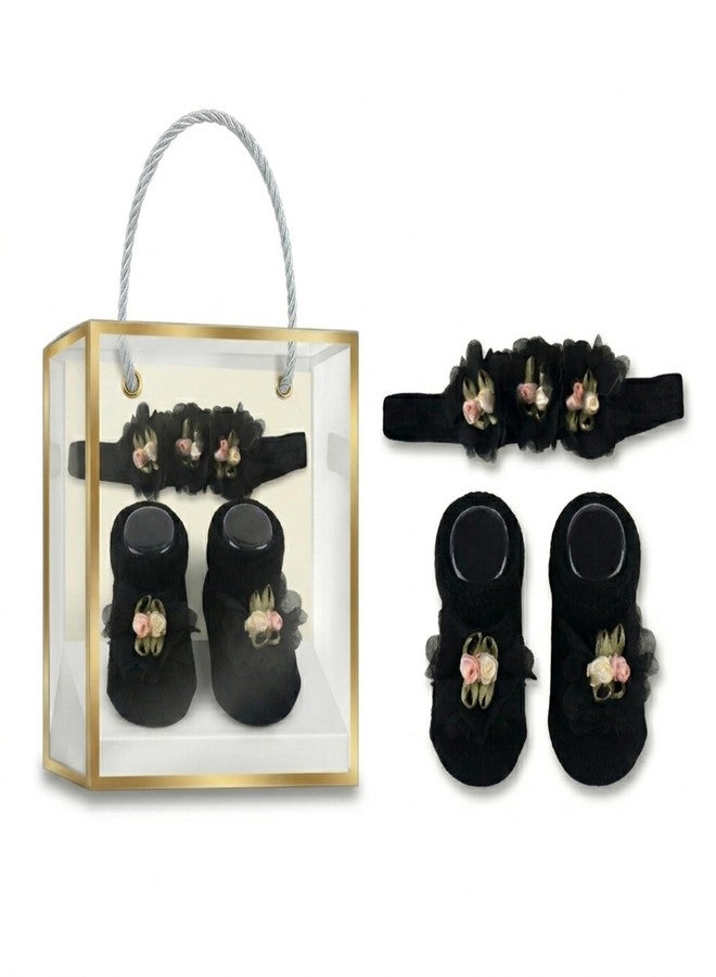 PAX PARROT Newborn Baby Girl Gift Set – Soft Floral Booties with Matching Hair Band, Comfortable Infant Wear for 0–12 Months (1 Pair Shoes & 1 Headband) Black - Image 1