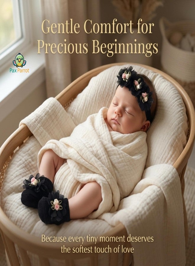 PAX PARROT Newborn Baby Girl Gift Set – Soft Floral Booties with Matching Hair Band, Comfortable Infant Wear for 0–12 Months (1 Pair Shoes & 1 Headband) Black - Image 4