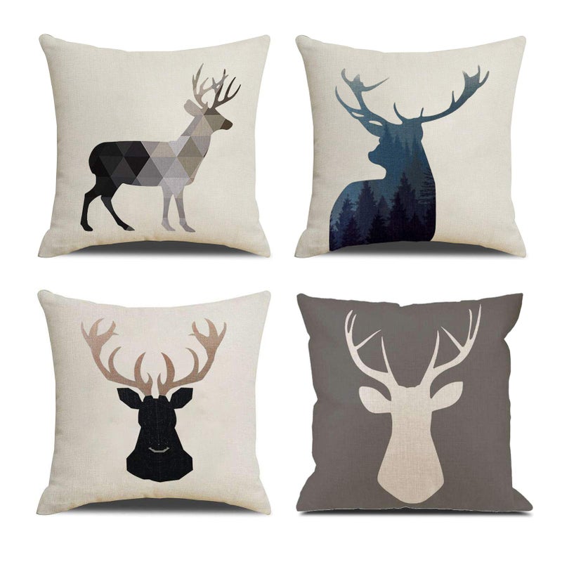NYDECOR Deer Throw Pillow Covers Deer Pillow Cases Decorative Animal Pillowcase Cotton Linen Cushion Cover for Couch Bed Sofa 18x18 Set of 4