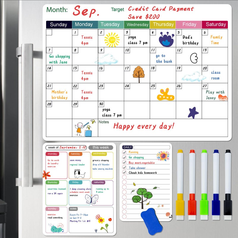 Diteryy 3 Pack Magnetic Dry Erase Fridge Calendar Whiteboard Set146 x 11 Reusable Refrigerator Calendar for Fridge WallMonthly WeeklyDaily Planners Refrigerator White Board with 5 Markers and Eraser - Image 2