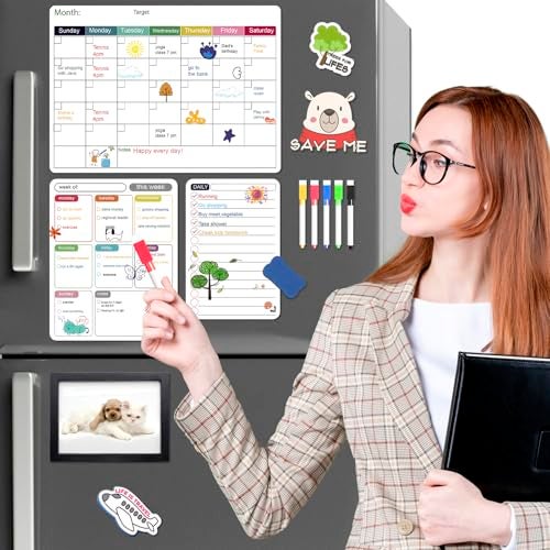 Diteryy 3 Pack Magnetic Dry Erase Fridge Calendar Whiteboard Set146 x 11 Reusable Refrigerator Calendar for Fridge WallMonthly WeeklyDaily Planners Refrigerator White Board with 5 Markers and Eraser - Image 3