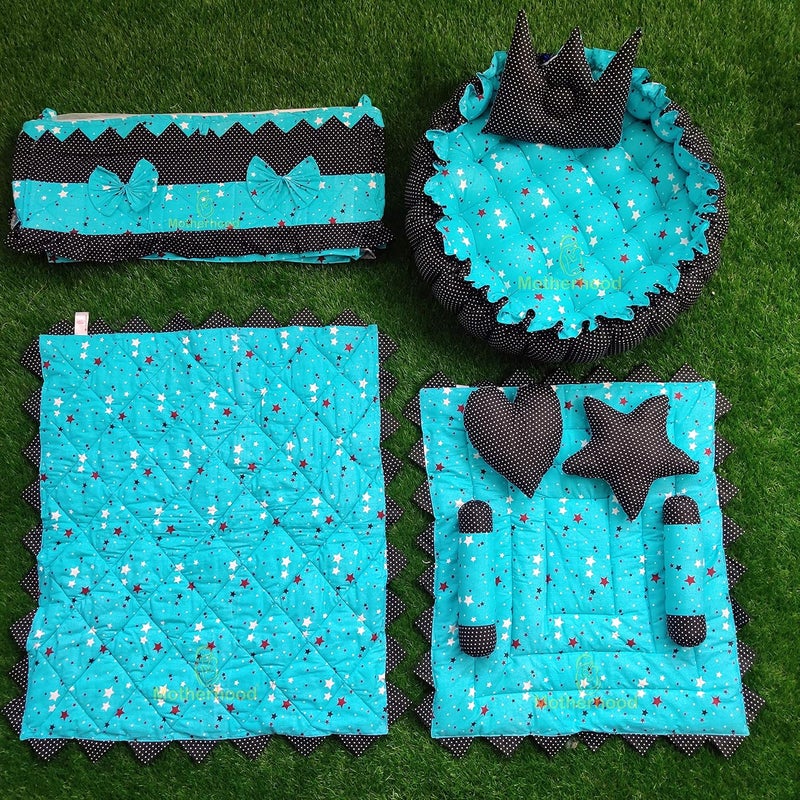 MOTHERHOOD MOTHERHOOD 1 Round Baby Tub Bed with 1 Baby Cradle Hammock 1 Large Baby Blanket 1 Baby Mattress and 5 pc Baby Pillow Luxury Baby Mattress Bed Sleeper Bedding Set coSleeper for Baby Sky D - Image 1