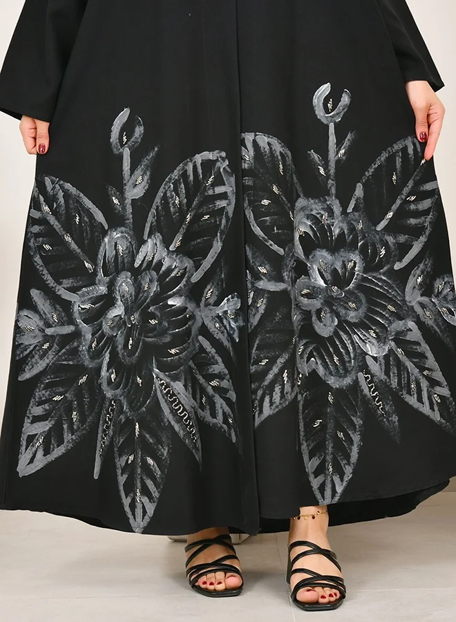 HAWRAA ABAYA Wrap-style flared abaya with a floral print, adorned with soft embellishments at the hem