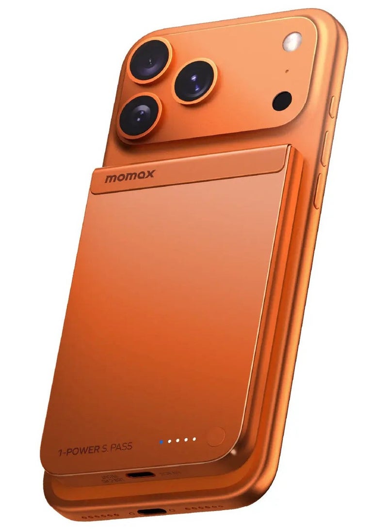 Momax 1-POWER S.PASS 5000mAh QI2 بنك طاقة لاسلكي مغناطيسي USB-C بقدرة إخراج تصل إلى 15W - برتقالي كوني - Image 1