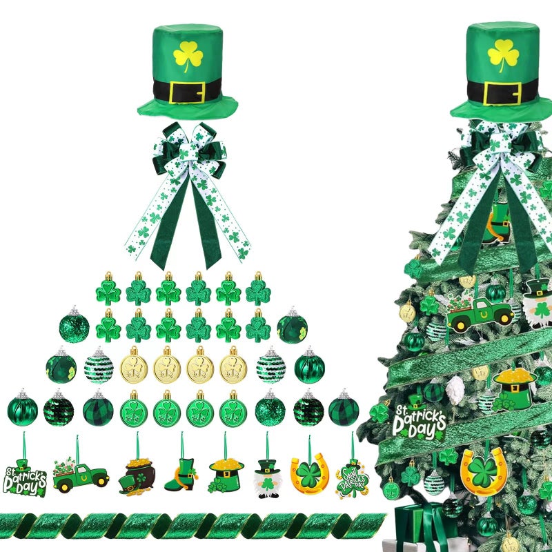 Halfchet St. Patricks Day Tree Ornaments Decorations St Patrick's Day Tree Topper Hat Bow Ribbon Shamrock Coins Hanging Ornaments for Irish Party - Image 1