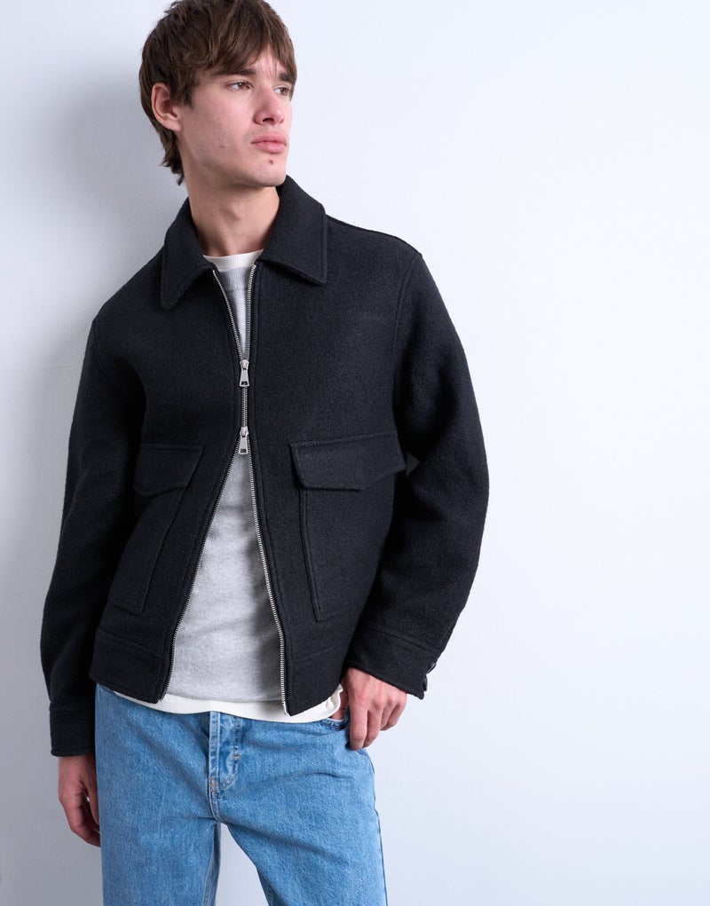 TOPMAN Wool Blend Zip Through Shacket In Dark Grey - Image 1
