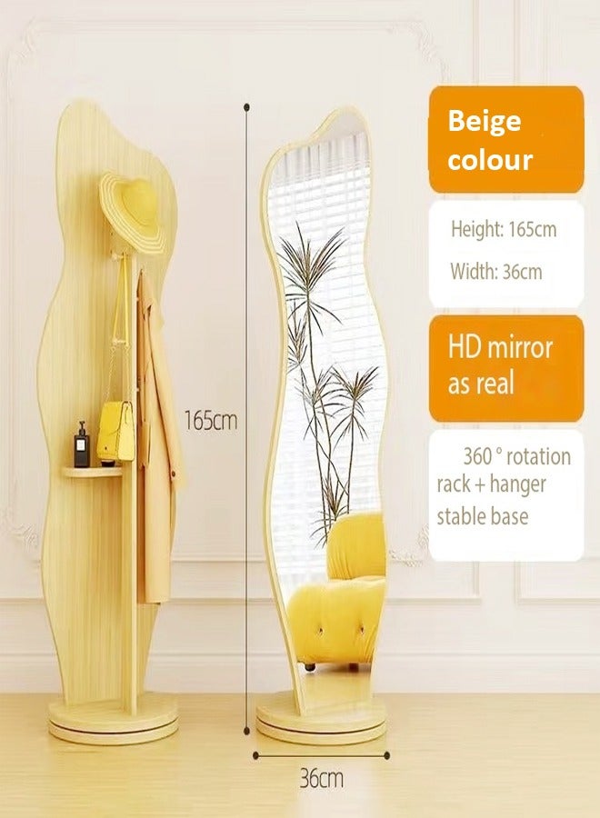 C&C Home Mutifunctional Irregular Clouds Shaped Asymmetrical Mirror Rotating Floor Full length Body Mirror with Coat Hangers Storage Rack Beige 165x36cm - Image 4