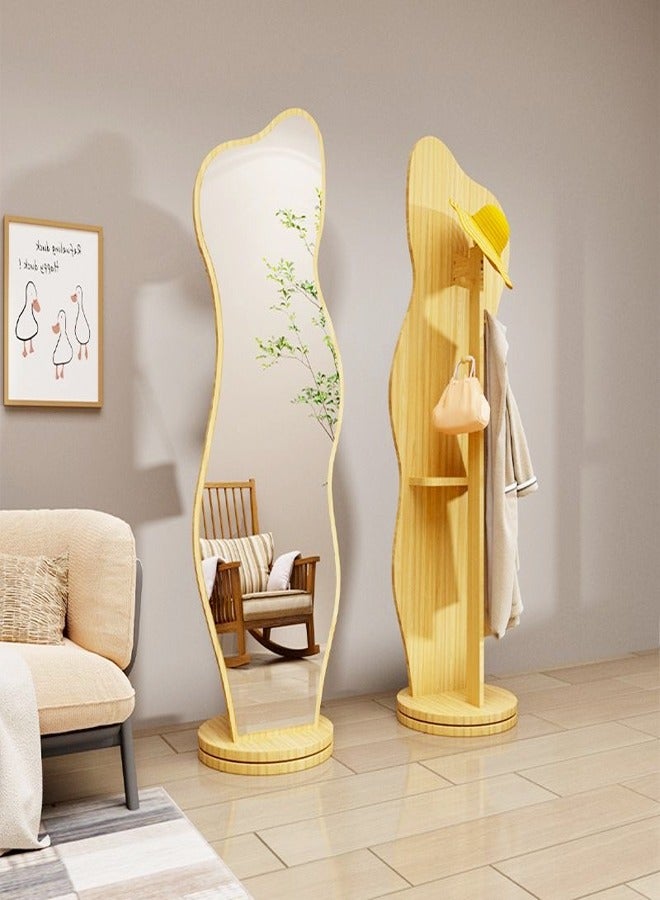 C&C Home Mutifunctional Irregular Clouds Shaped Asymmetrical Mirror Rotating Floor Full length Body Mirror with Coat Hangers Storage Rack Beige 165x36cm - Image 1